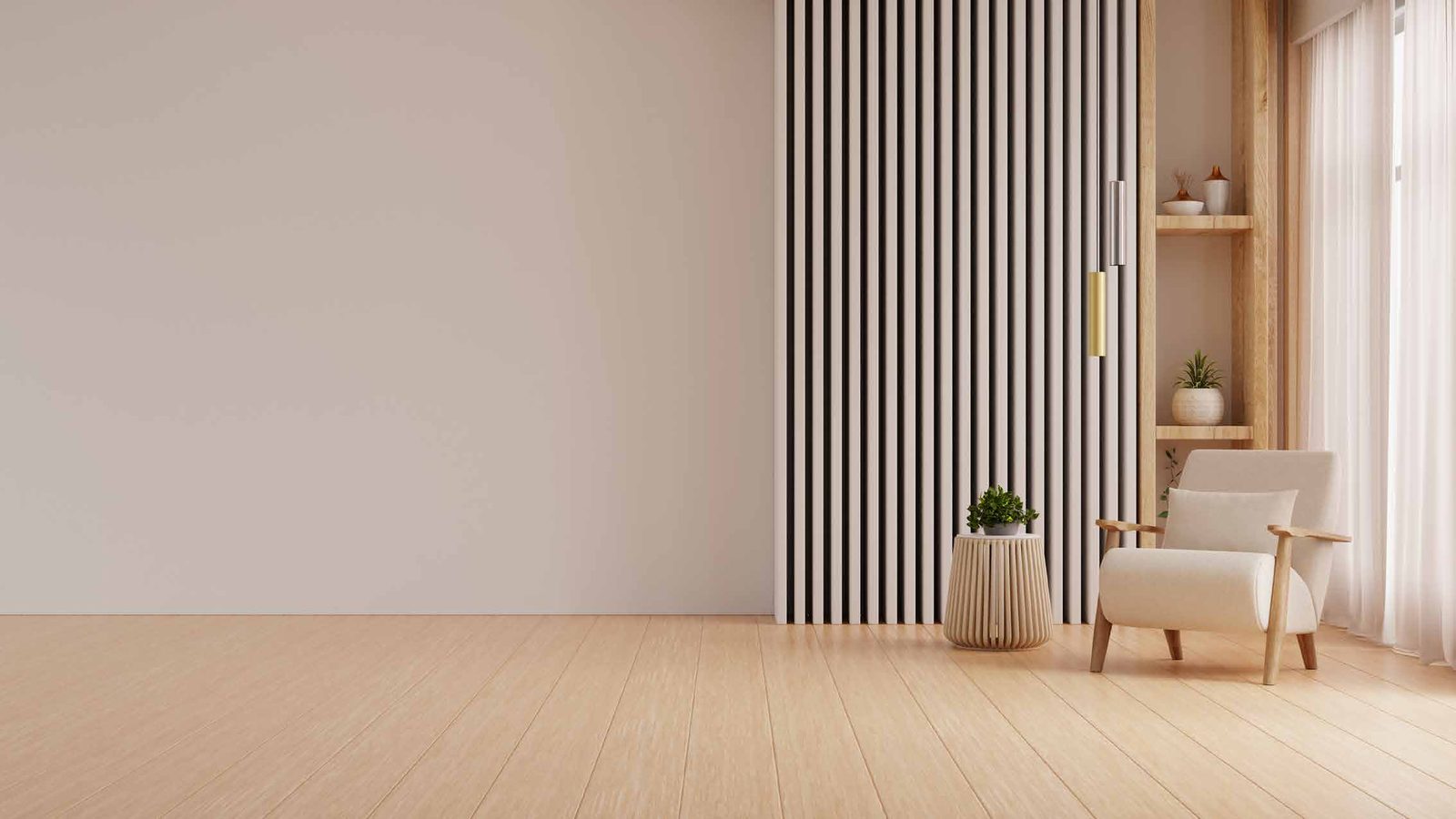 Salón luminoso con butaca y plantas